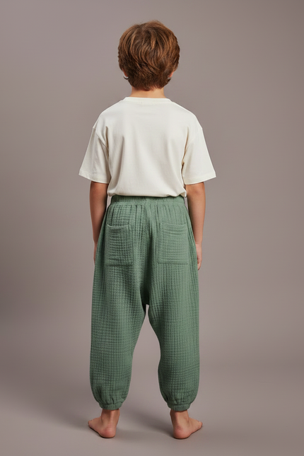Pantalon Fluide Vert Ample Coton Gaze Garçon - vue 2