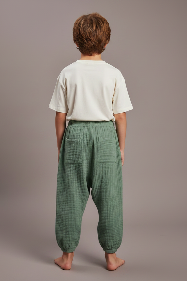 Pantalon Fluide Vert Ample Coton Gaze Garçon - vue 2