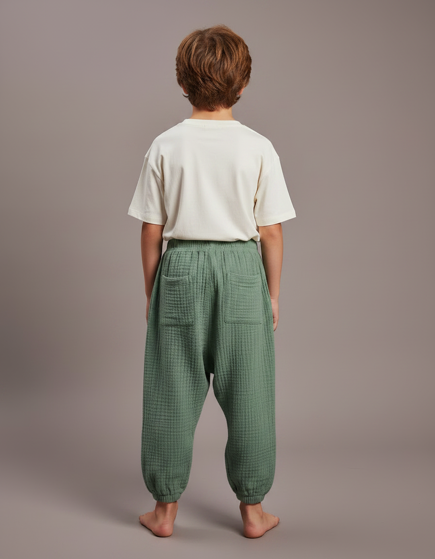 Pantalon Fluide Vert Ample Coton Gaze Garçon - vue 2
