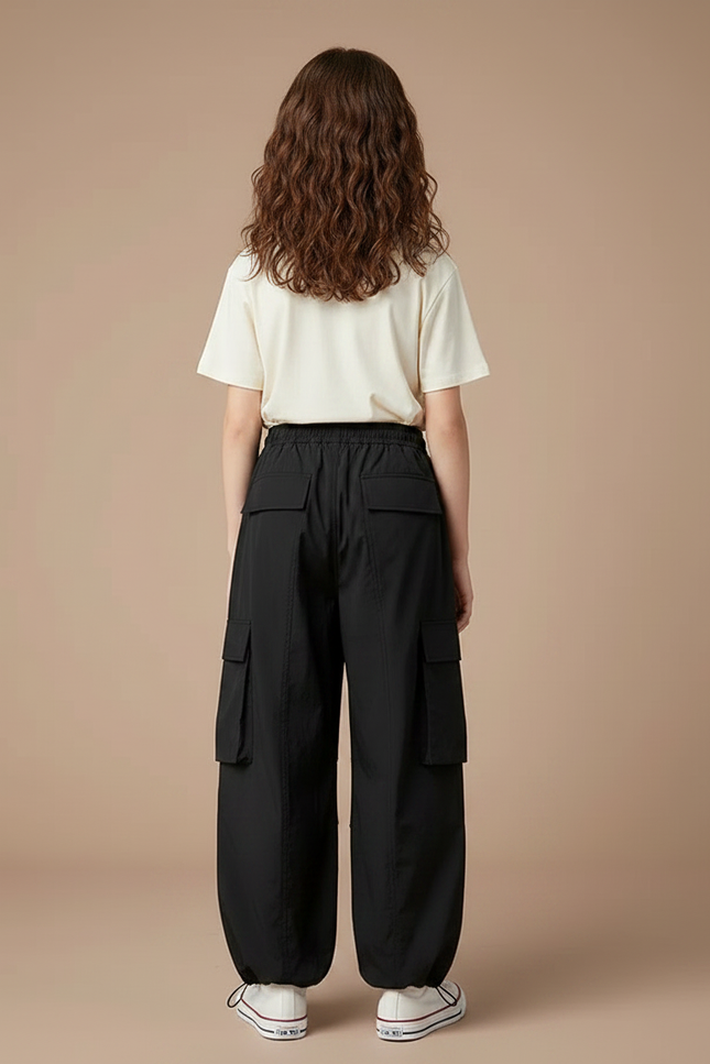 Pantalon Fluide Noir Ample Cargo Cordon Fille - Polyester - vue 2