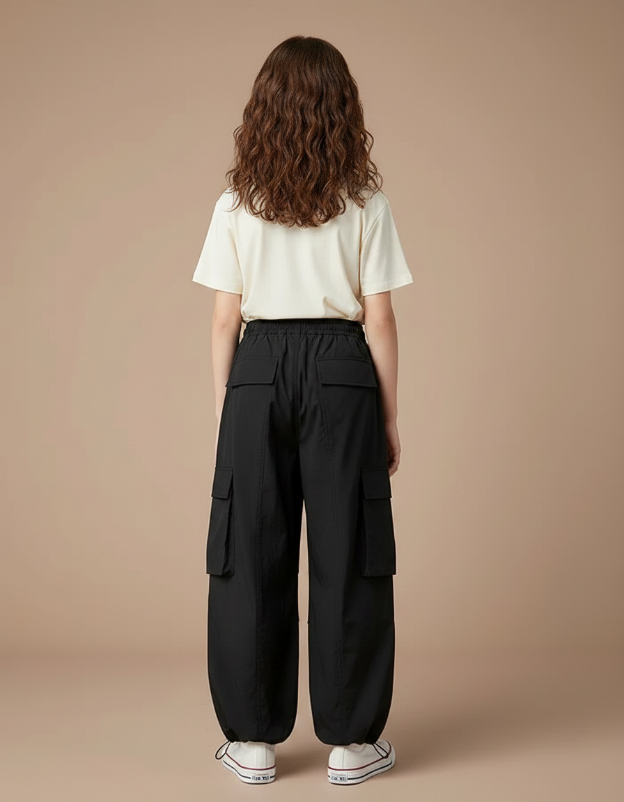 Pantalon Fluide Noir Ample Cargo Cordon Fille - Polyester - vue 2
