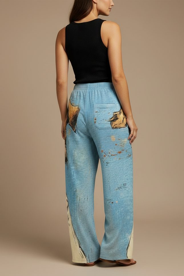 Pantalon Fluide Bleu Imprimé Chien Ample Confortable - Molleton - vue 2
