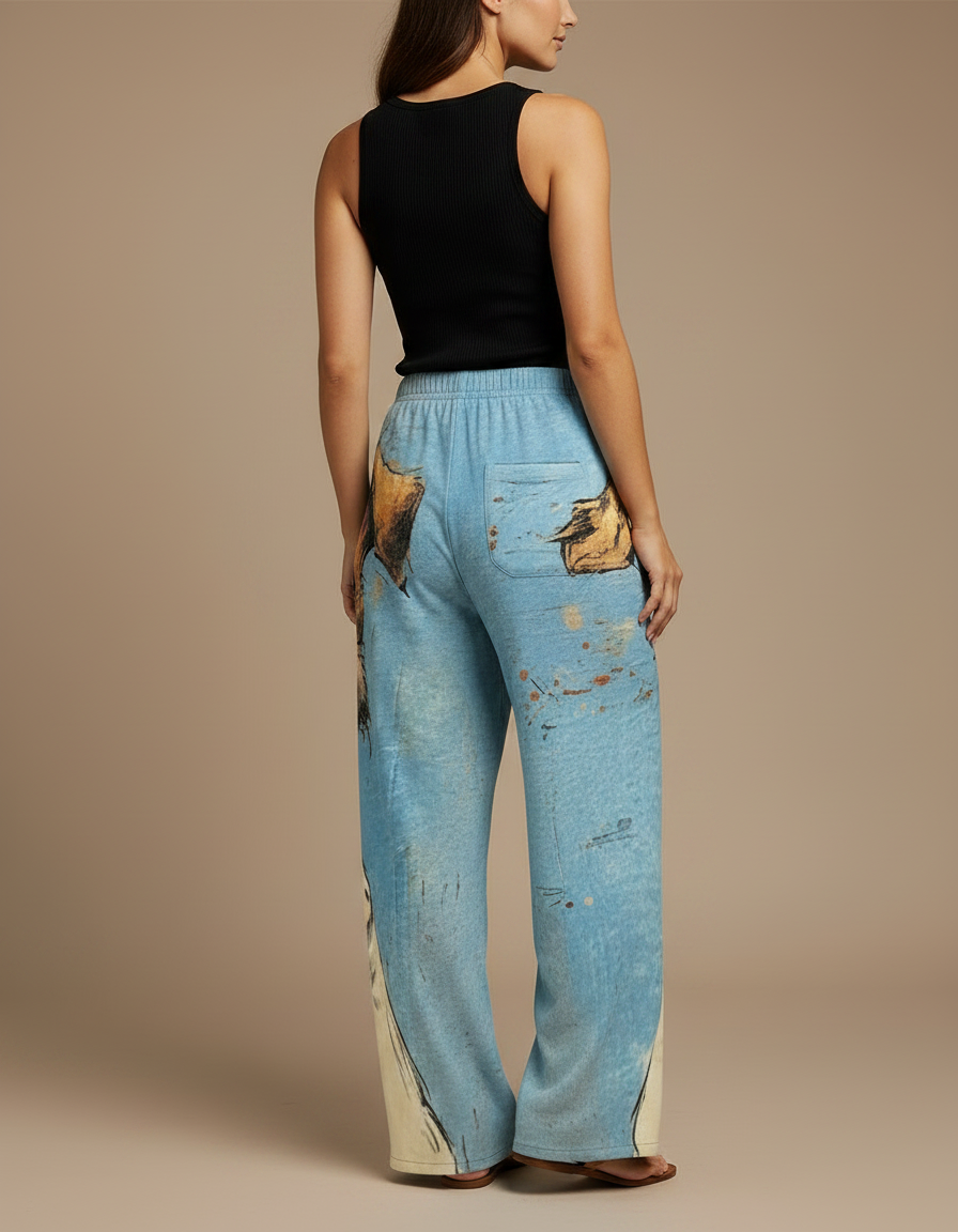 Pantalon Fluide Bleu Imprimé Chien Ample Confortable - Molleton - vue 2