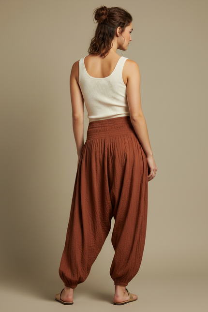 Pantalon Fluide Marron Ample Plissé Décontracté Femme - Lin - vue 2