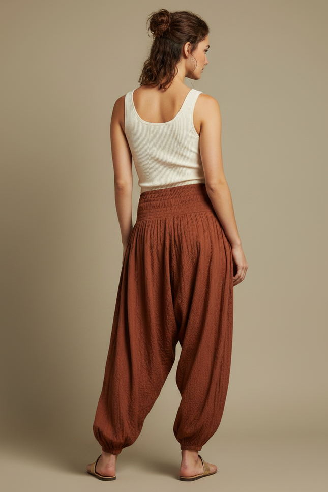 Pantalon Fluide Marron Ample Plissé Décontracté Femme - Lin - vue 2