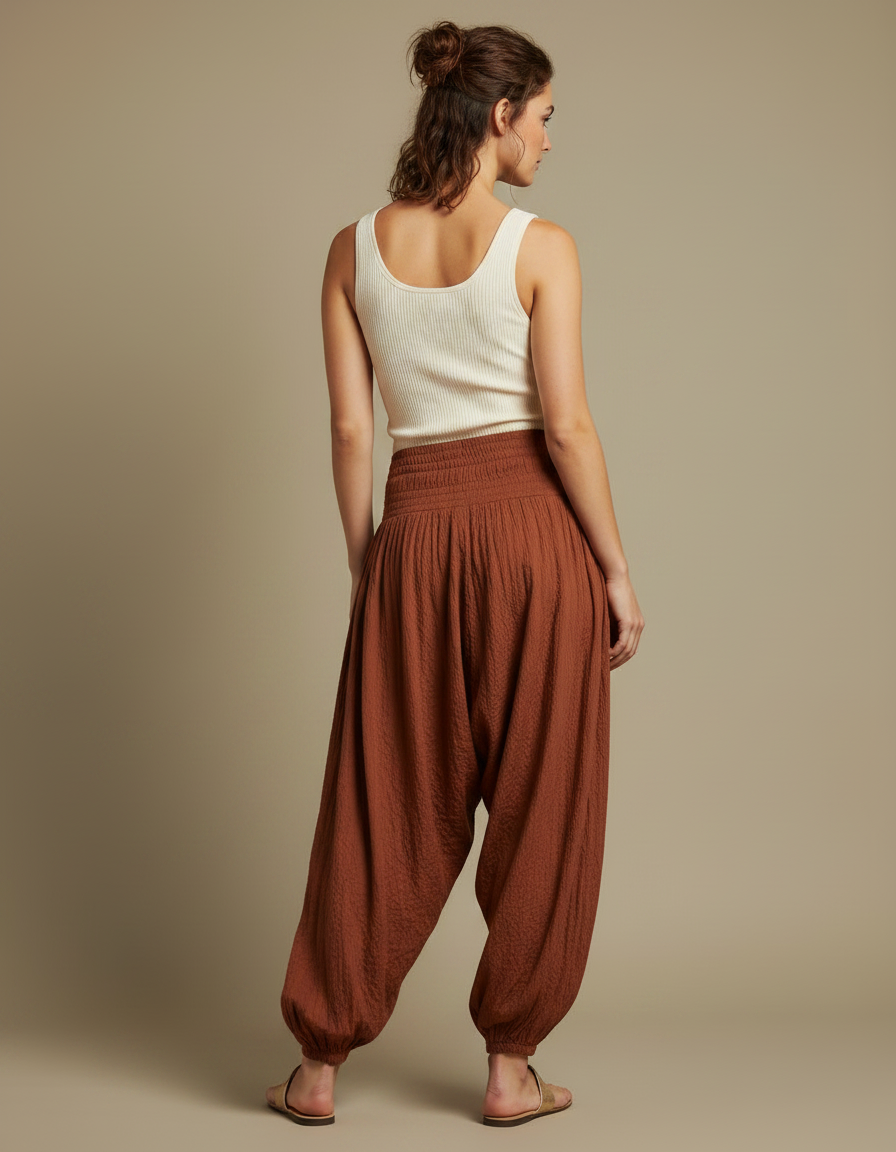 Pantalon Fluide Marron Ample Plissé Décontracté Femme - Lin - vue 2