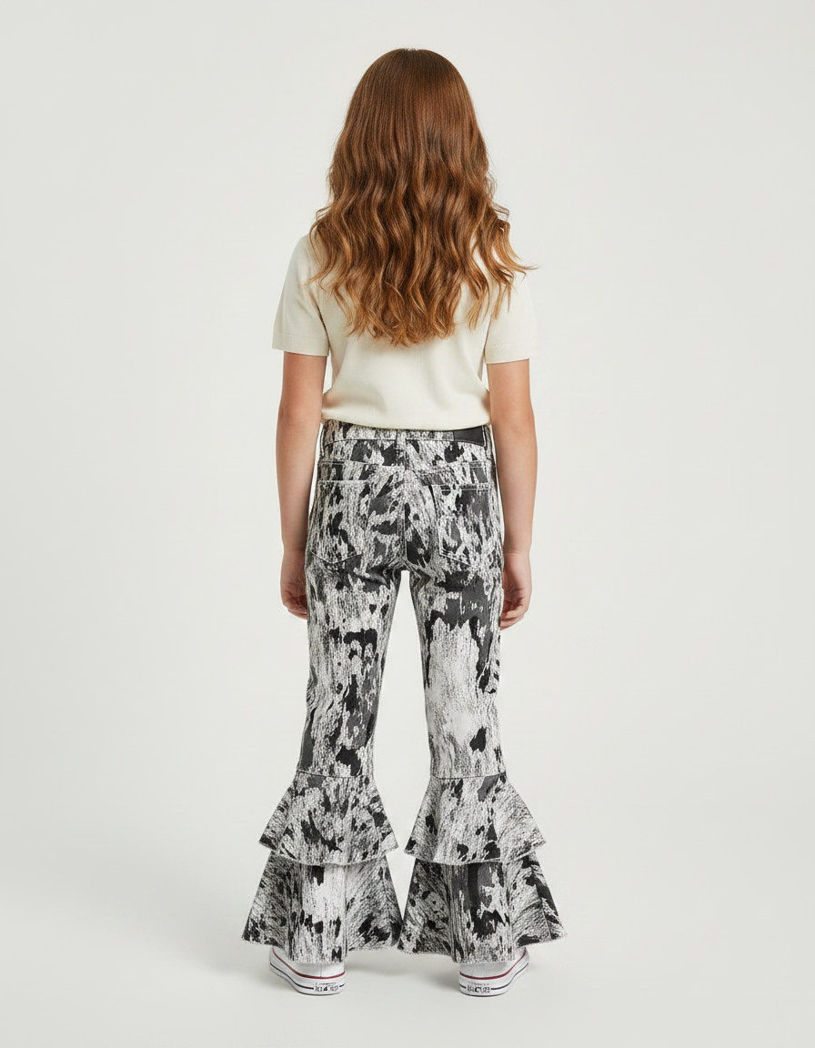 Pantalon Fluide Imprimé Abstrait Évasé Volants Noir Blanc - Viscose - vue 2