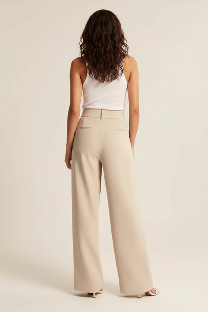 Pantalon Fluide Beige Ample Plissé Taille Haute Femme - Polyester - vue 2