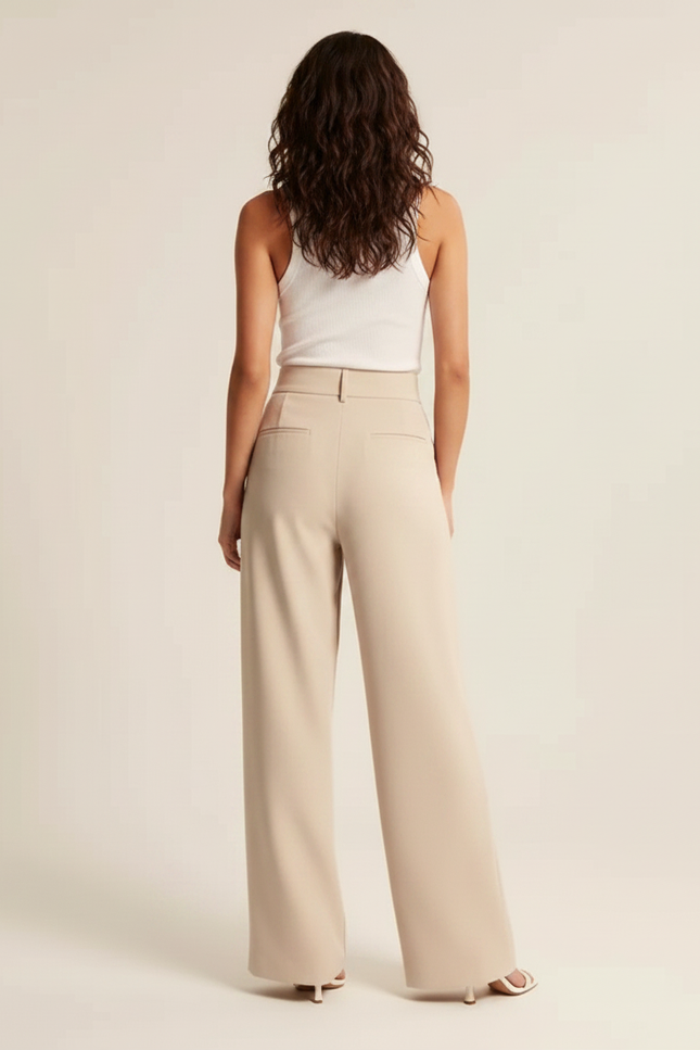 Pantalon Fluide Beige Ample Plissé Taille Haute Femme - Polyester - vue 2