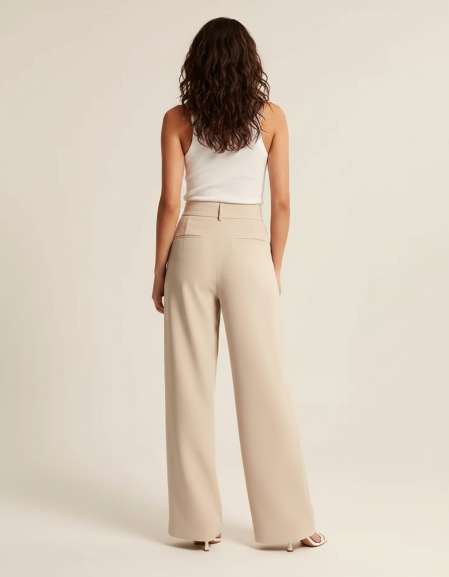 Pantalon Fluide Beige Ample Plissé Taille Haute Femme - Polyester - vue 2