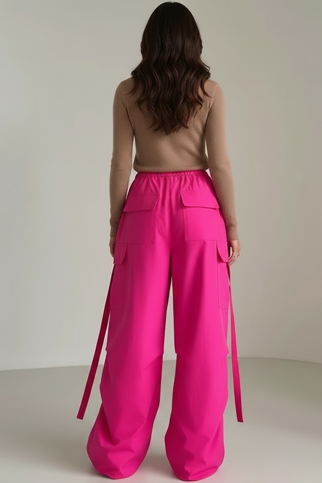 Pantalon Fluide Rose Cargo Ample Cordon Streetwear - Toile - vue 2