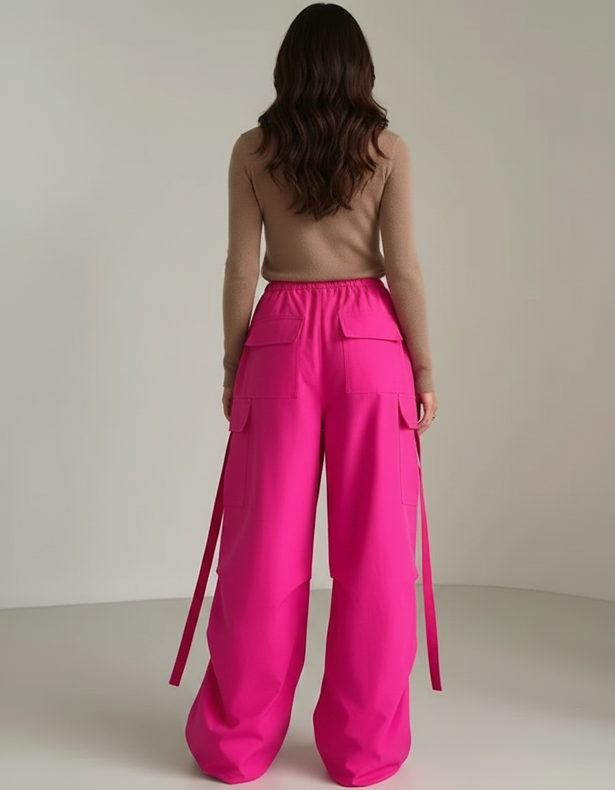 Pantalon Fluide Rose Cargo Ample Cordon Streetwear - Toile - vue 2