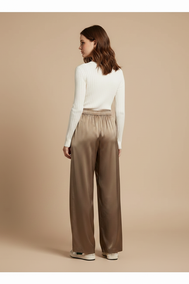 Pantalon Fluide Satiné Ample Marron Taille Élastique - vue 2