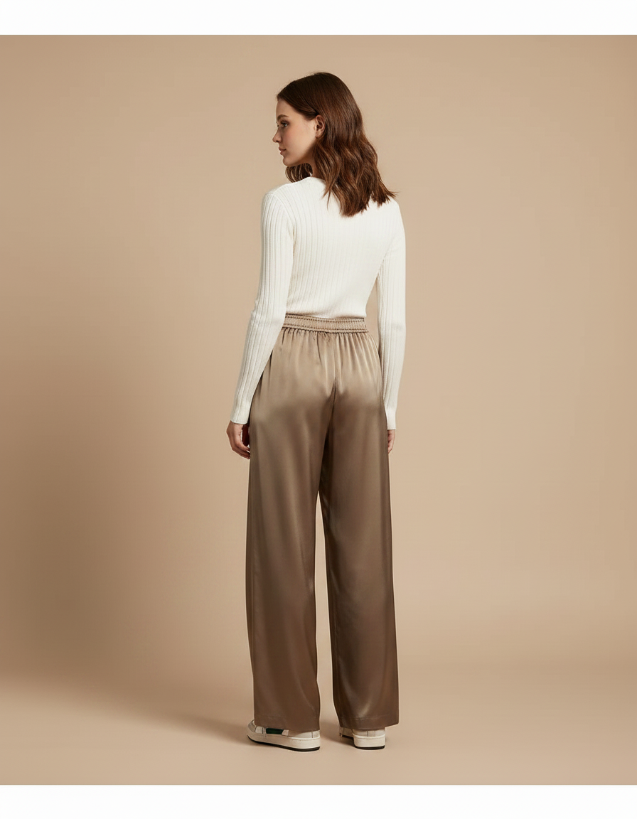 Pantalon Fluide Satiné Ample Marron Taille Élastique - vue 2