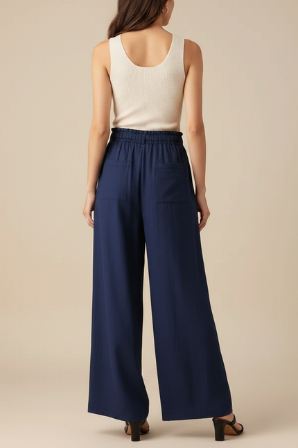Pantalon Fluide Bleu Marine Ample Taille Haute Lin - vue 2