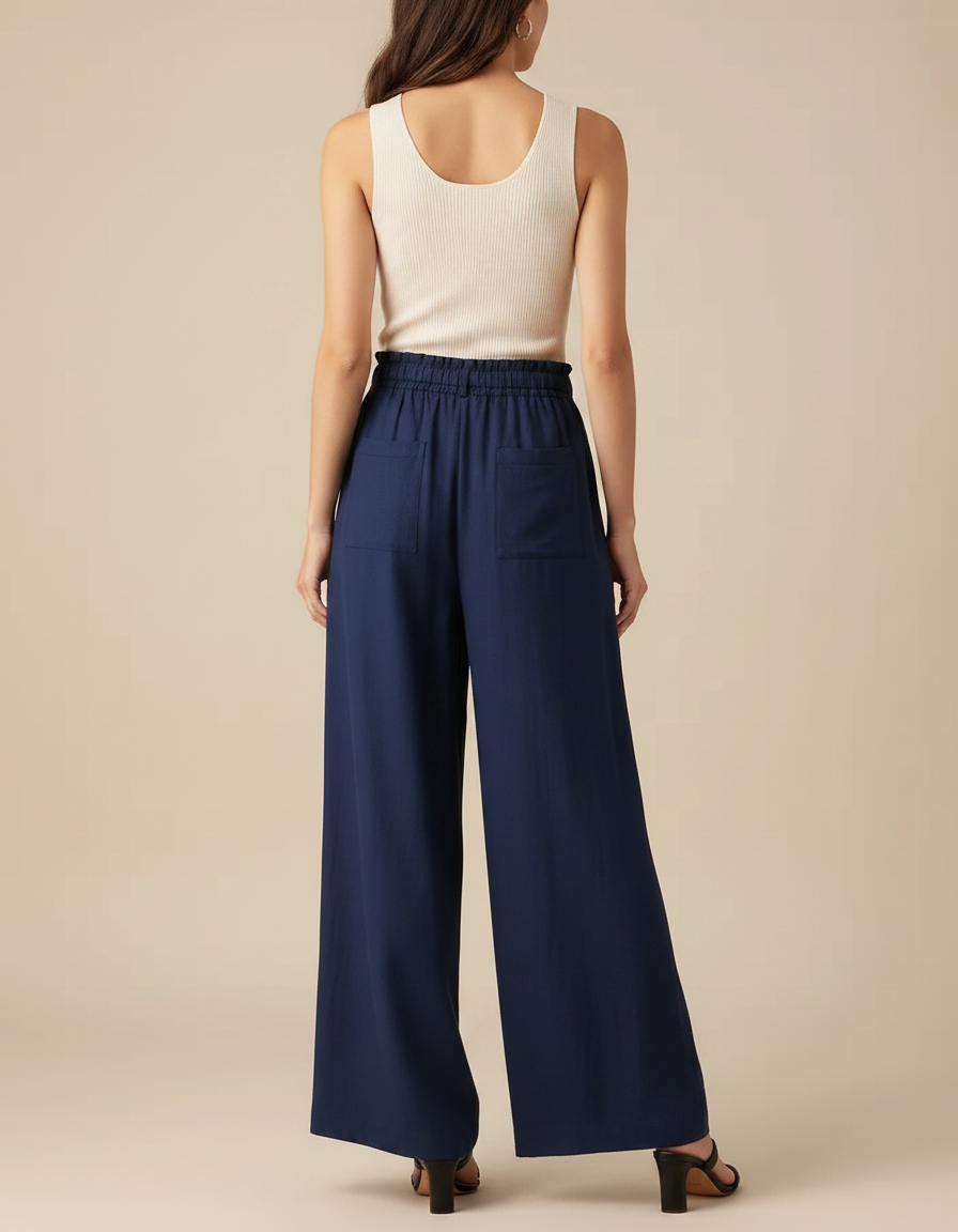 Pantalon Fluide Bleu Marine Ample Taille Haute Lin - vue 2