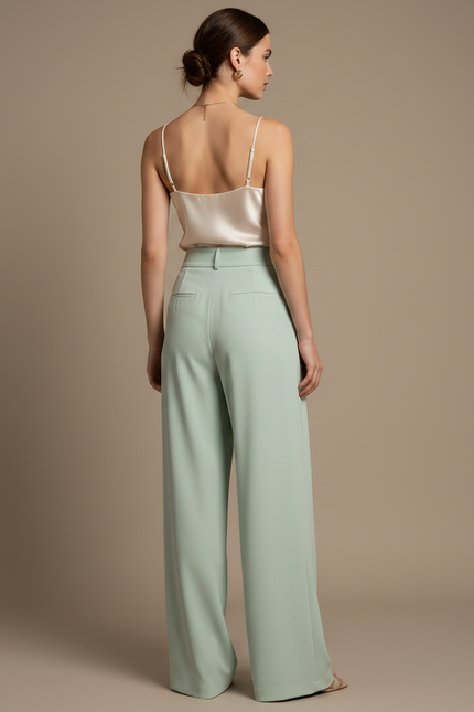 Pantalon Fluide Vert Menthe Ample Plissé Élégant - Polyester - vue 2