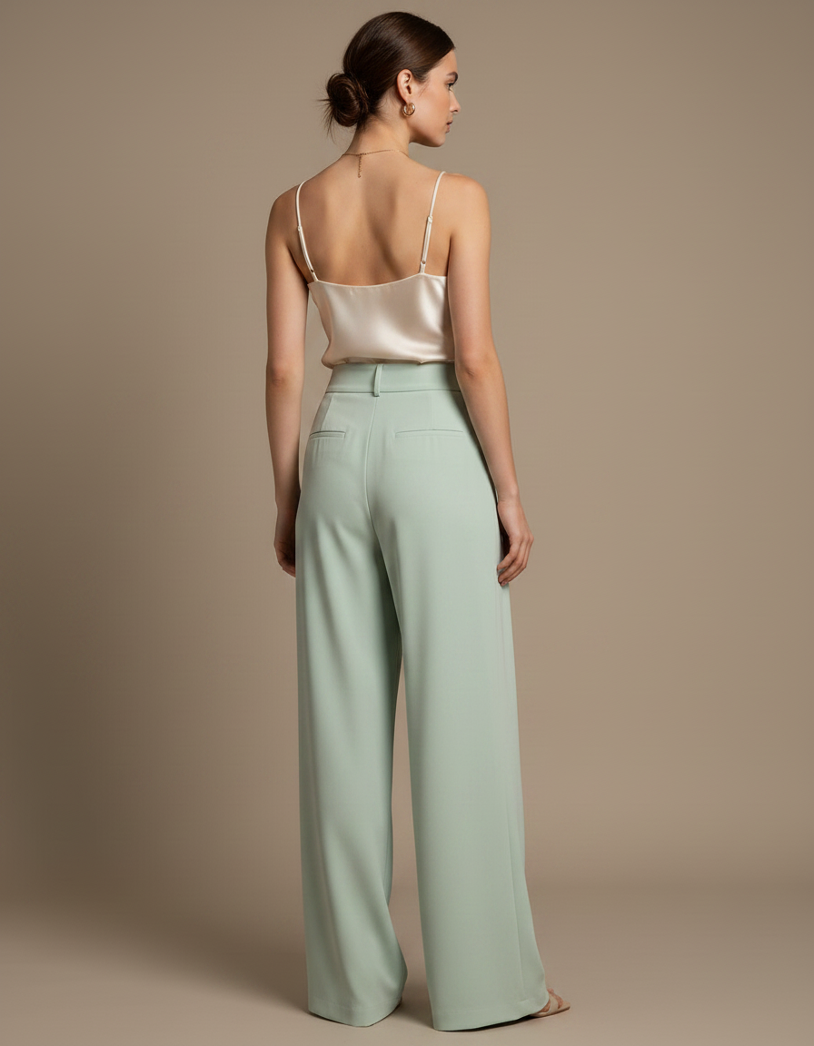 Pantalon Fluide Vert Menthe Ample Plissé Élégant - Polyester - vue 2