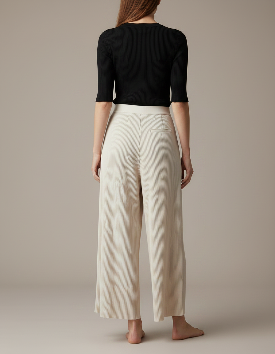 Pantalon Fluide Plissé Écru Ample Élégant Femme - Beige Polyester - vue 2