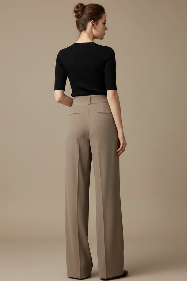 Pantalon Fluide Évasé Taille Haute Plissé Marron Élégant - Kaki Polyester - vue 2