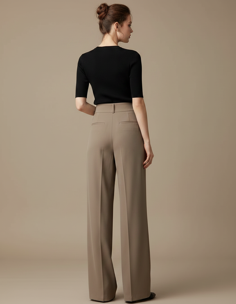 Pantalon Fluide Évasé Taille Haute Plissé Marron Élégant - Kaki Polyester - vue 2