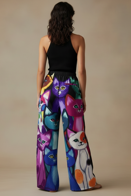 Pantalon Fluide Imprimé Chats Colorés Ample Décontracté - Multicolore Viscose - vue 2