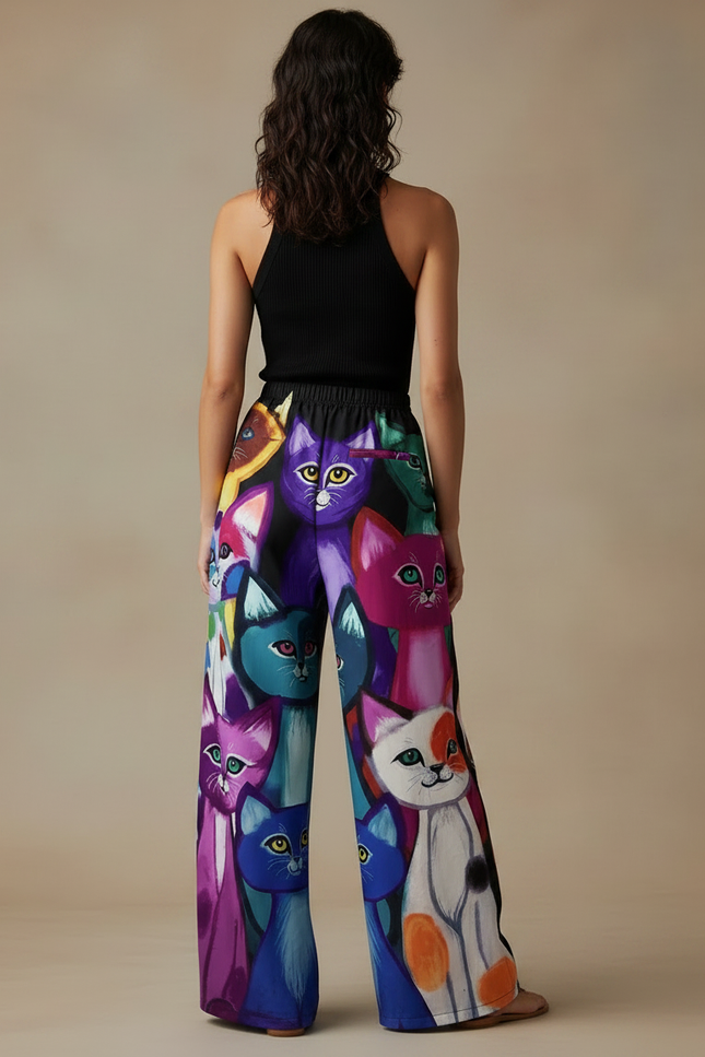 Pantalon Fluide Imprimé Chats Colorés Ample Décontracté - Multicolore Viscose - vue 2