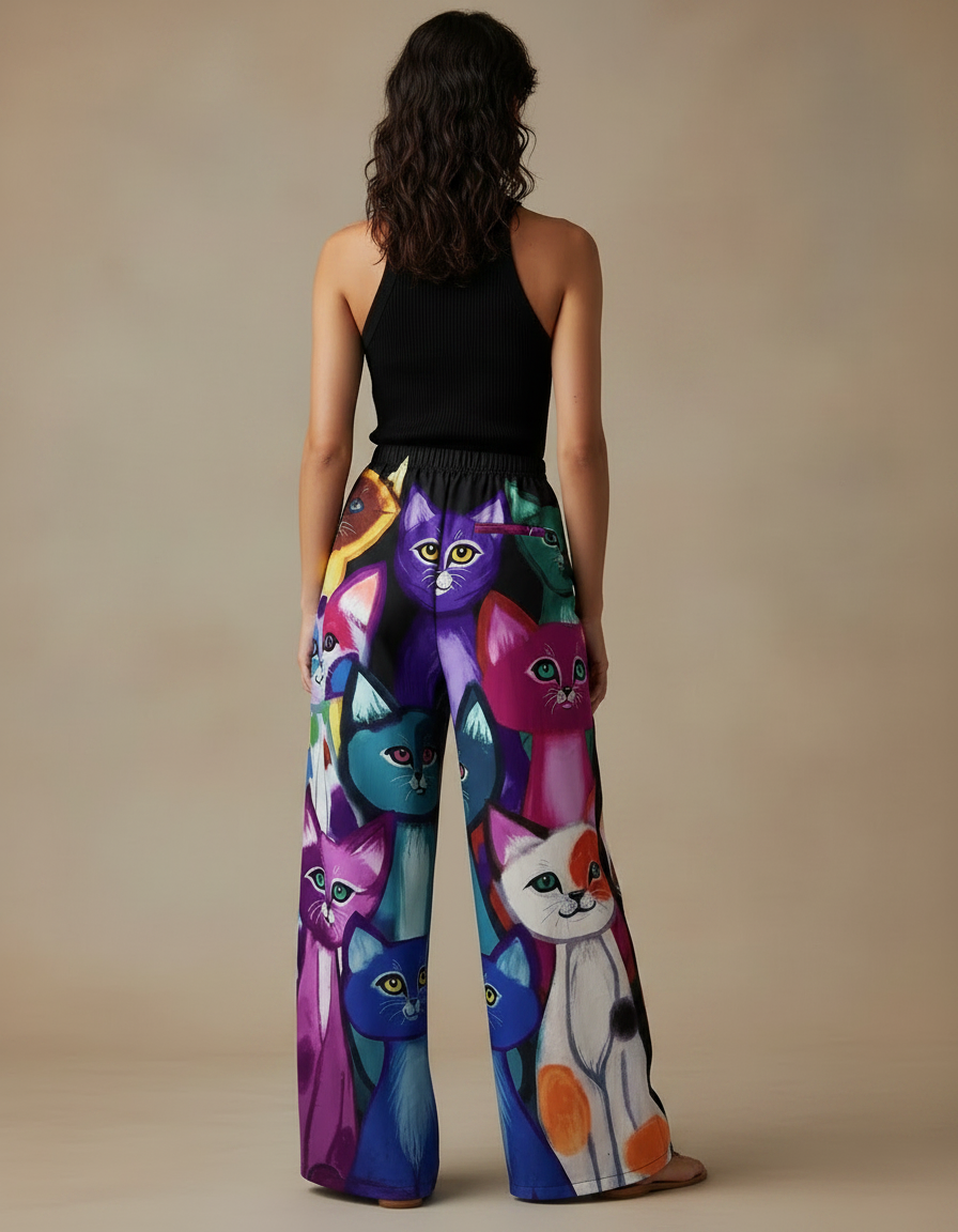 Pantalon Fluide Imprimé Chats Colorés Ample Décontracté - Multicolore Viscose - vue 2