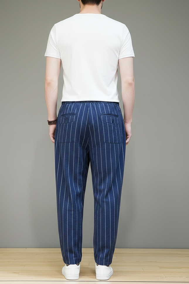 Pantalon Fluide Rayé Bleu Ample Coton Lin - Marine - vue 2