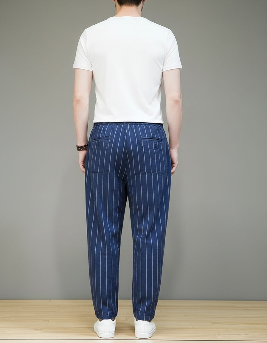 Pantalon Fluide Rayé Bleu Ample Coton Lin - Marine - vue 2