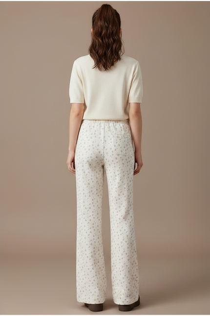 Pantalon Fluide Évasé Imprimé Floral Taille Haute Crème - Beige Maille - vue 2