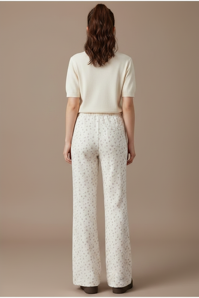 Pantalon Fluide Évasé Imprimé Floral Taille Haute Crème - Beige Maille - vue 2