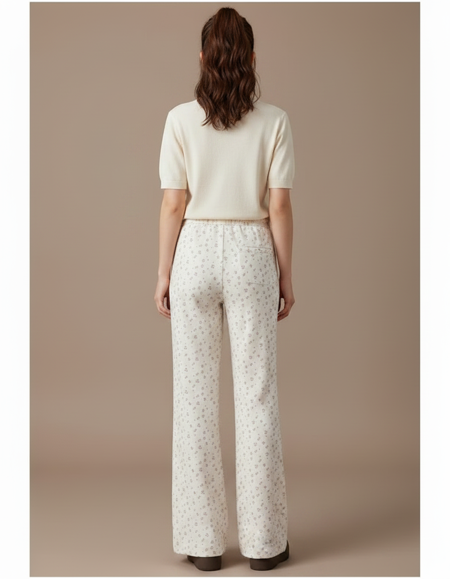 Pantalon Fluide Évasé Imprimé Floral Taille Haute Crème - Beige Maille - vue 2