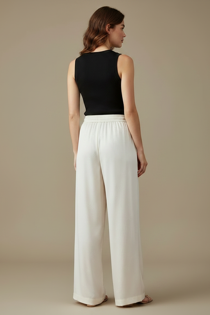 Pantalon Fluide Écru Satiné Ample Jacquard Femme - Beige - vue 2