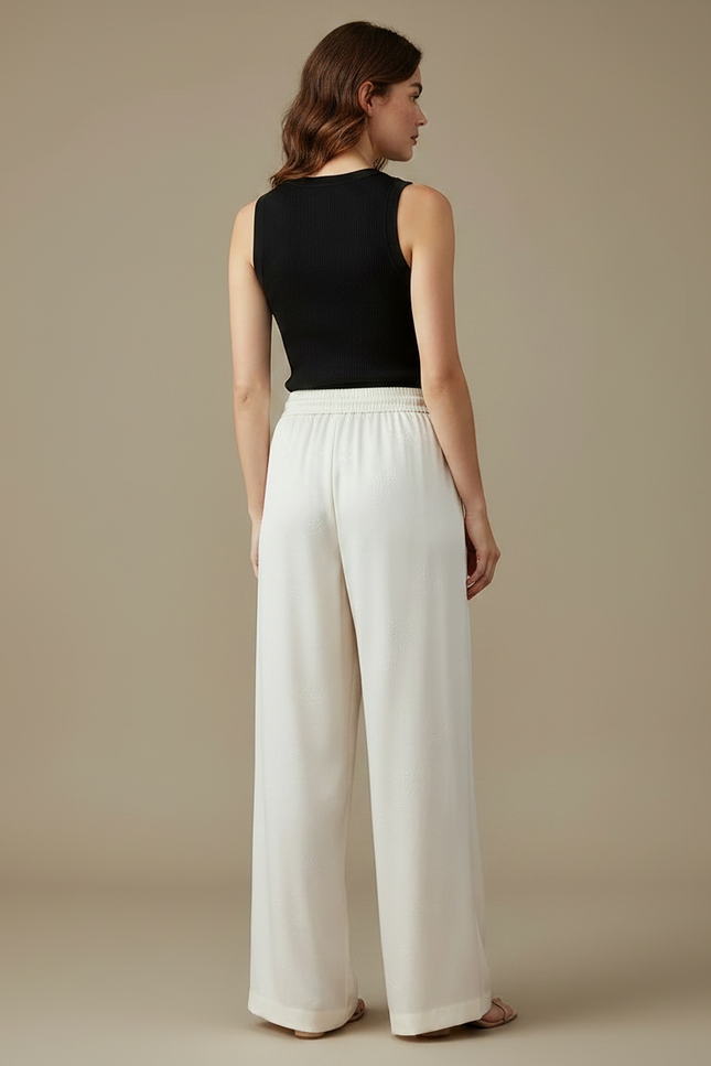 Pantalon Fluide Écru Satiné Ample Jacquard Femme - Beige - vue 2