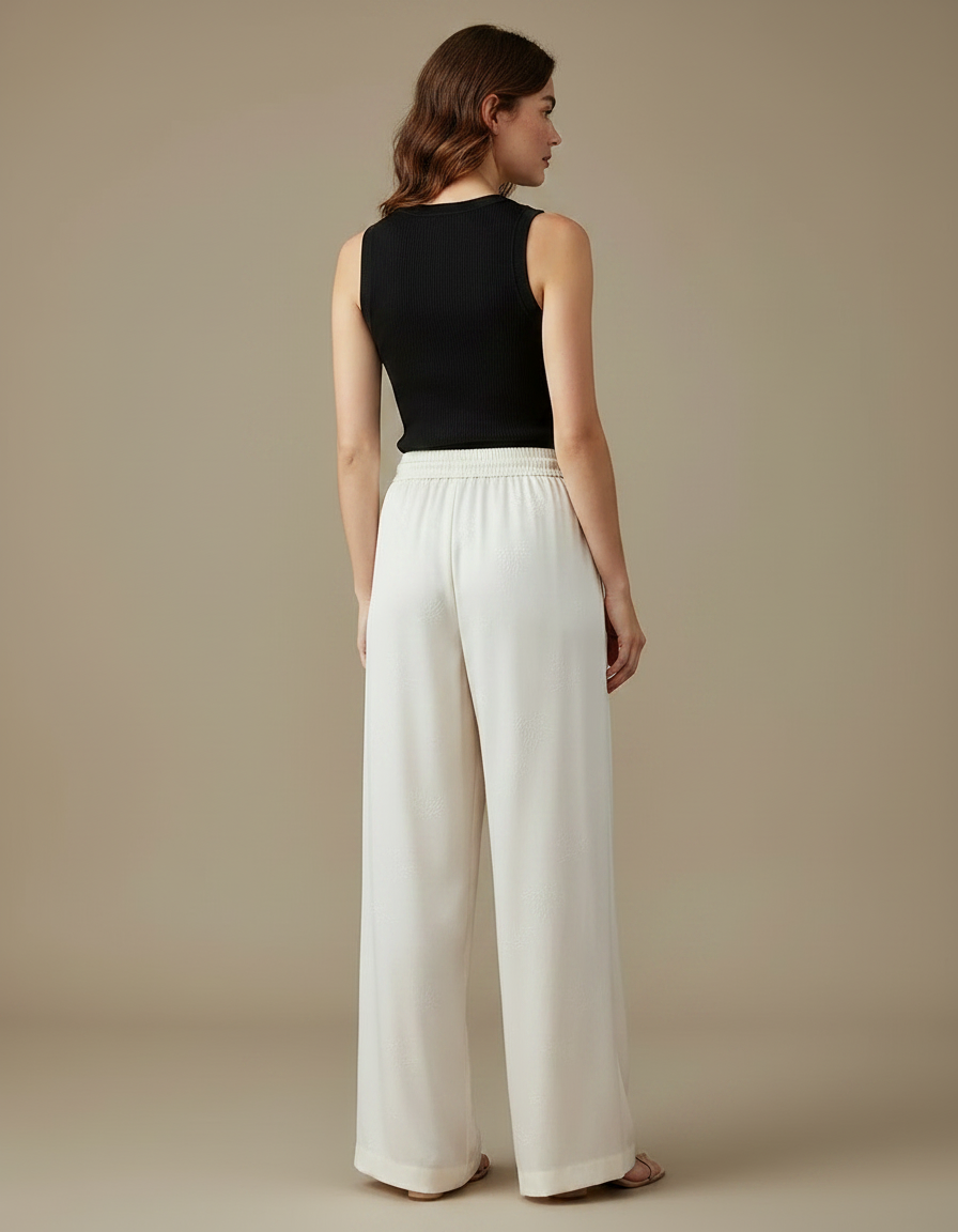Pantalon Fluide Écru Satiné Ample Jacquard Femme - Beige - vue 2
