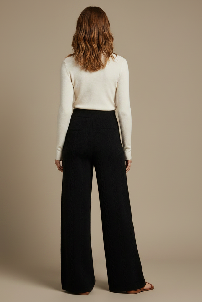 Pantalon Fluide Noir Ample Maille Câblée Laine Mérinos - vue 2