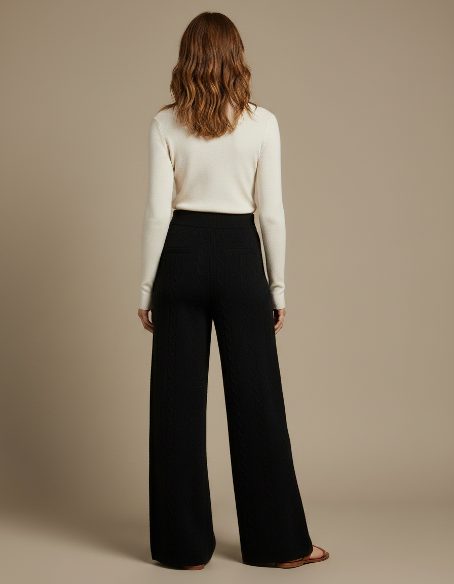 Pantalon Fluide Noir Ample Maille Câblée Laine Mérinos - vue 2
