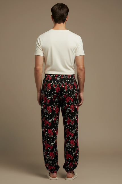 Pantalon Fluide Noir Floral Ample Viscose Homme - Imprimé - vue 2