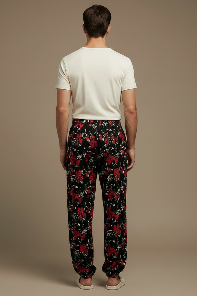Pantalon Fluide Noir Floral Ample Viscose Homme - Imprimé - vue 2