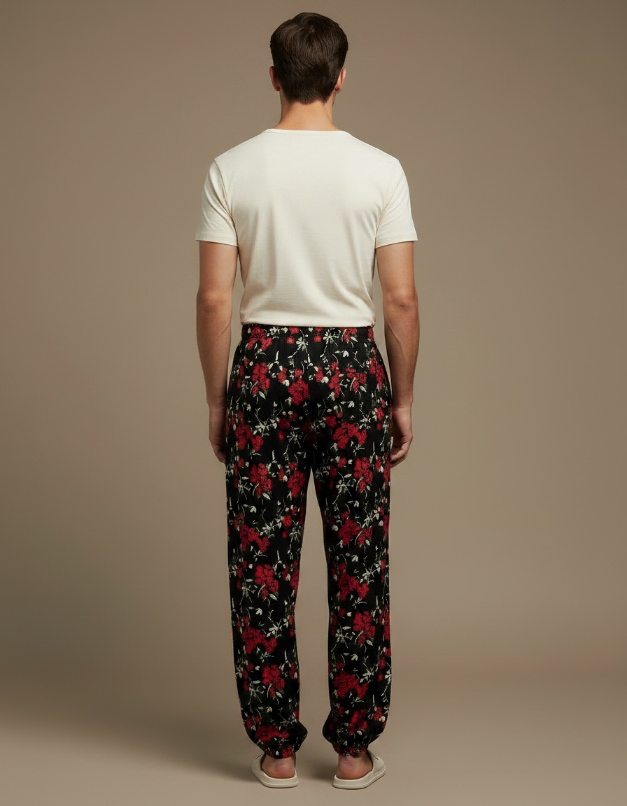 Pantalon Fluide Noir Floral Ample Viscose Homme - Imprimé - vue 2