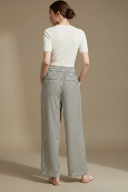 Pantalon Fluide Rayé Noir Blanc Ample Confortable - Multicolore Viscose - vue 2