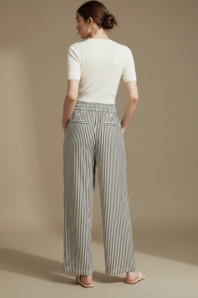 Pantalon Fluide Rayé Noir Blanc Ample Confortable - Multicolore Viscose - vue 2