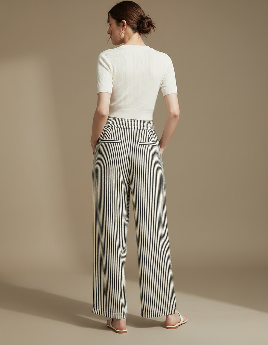 Pantalon Fluide Rayé Noir Blanc Ample Confortable - Multicolore Viscose - vue 2