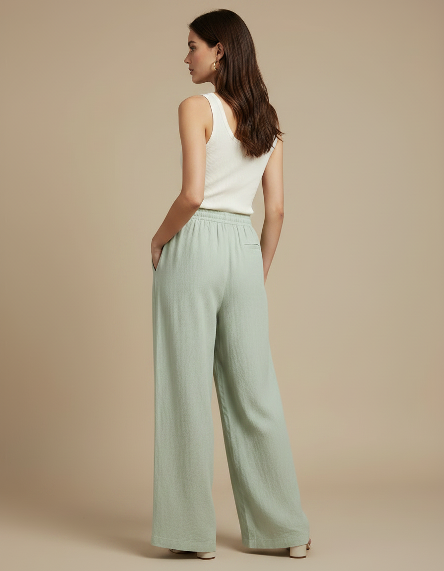 Pantalon Fluide Vert Ample Lin Cordon Femme - vue 2