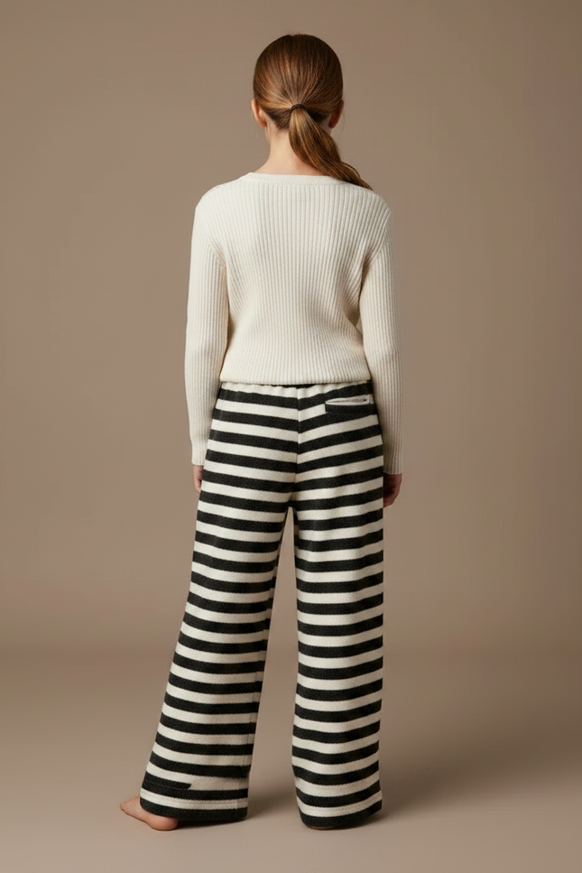 Pantalon Fluide Rayé Noir Blanc Ample Tricoté - Multicolore Molleton - vue 2