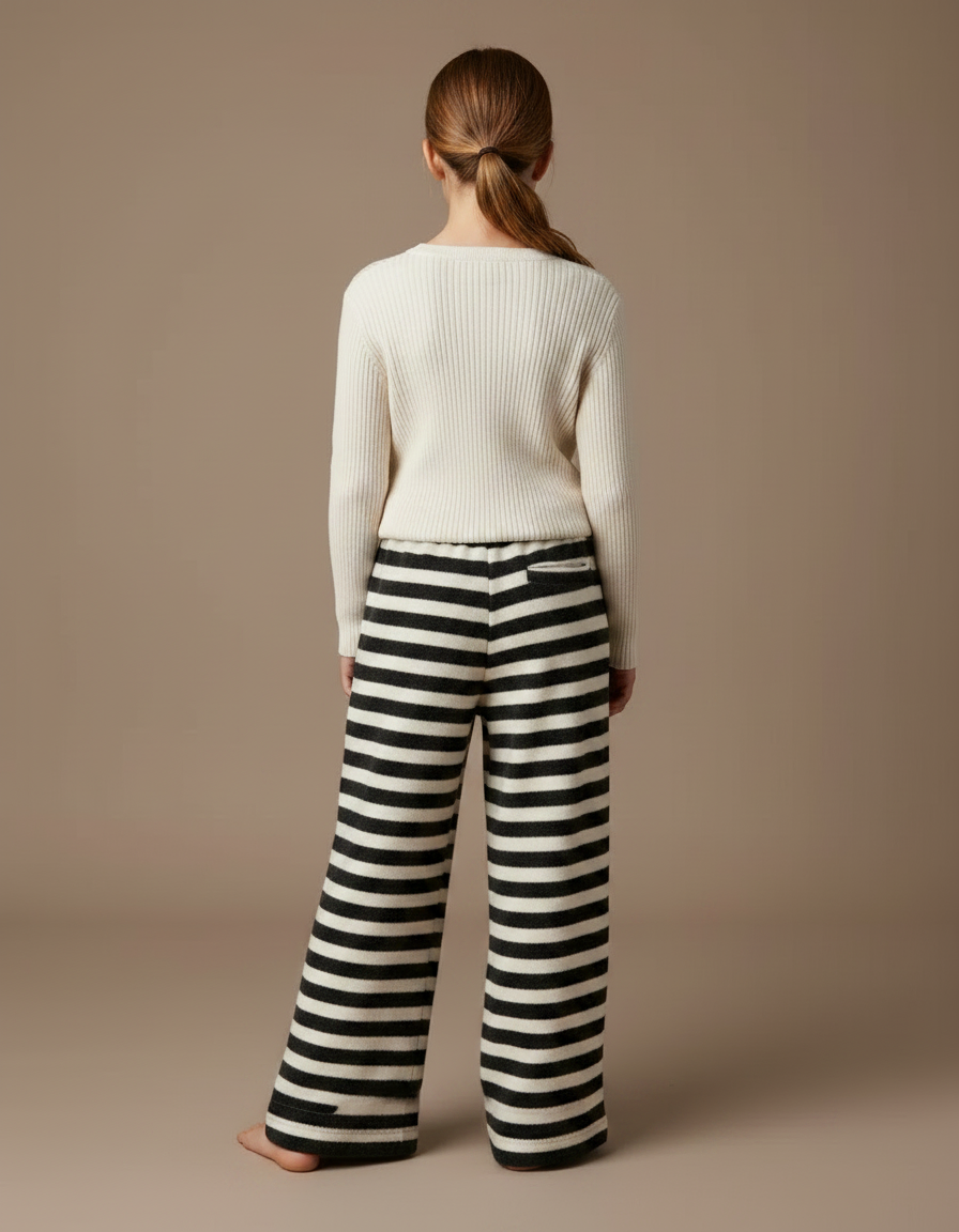 Pantalon Fluide Rayé Noir Blanc Ample Tricoté - Multicolore Molleton - vue 2