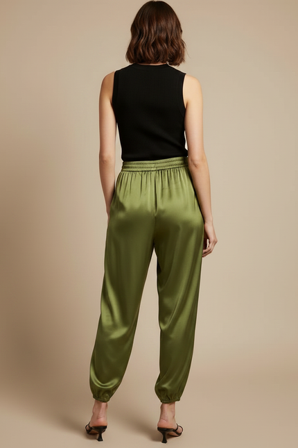 Pantalon Fluide Satiné Vert Ample Cheville Décontracté - vue 2