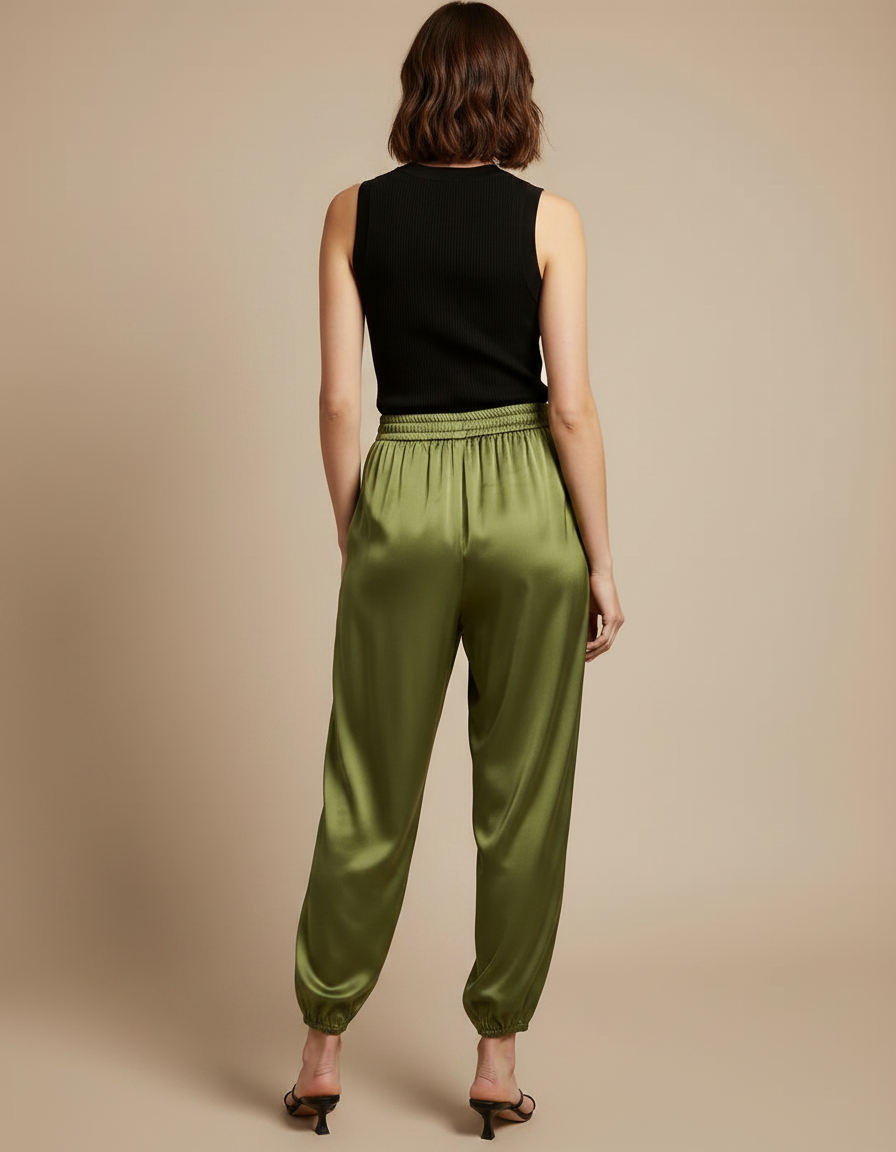 Pantalon Fluide Satiné Vert Ample Cheville Décontracté - vue 2