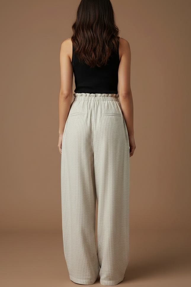 Pantalon Fluide Beige Rayé Ample Taille Haute Décontracté - Viscose - vue 2